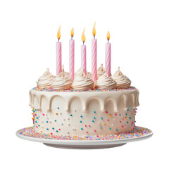 birthday cake with candles isolated on transparent background cutout