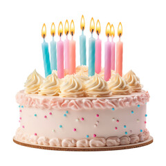 birthday cake with candles isolated on transparent background cutout