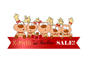 Vector New Year and Christmas illustration with magic dears, lights, snow and  sale banner.Template for advertising, web, social media.