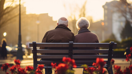 Obraz na płótnie Canvas A candid shot of an elderly couple holding hands on a bench, Valentine’s Day, elderly couple, bokeh, with copy space