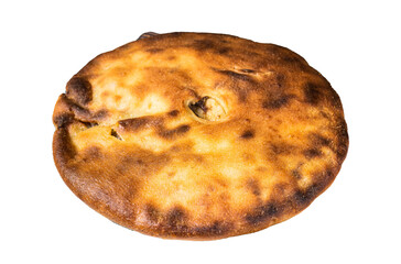 Ossetian pie with beef meat and herbs on wooden board.  Transparent background. Isolated.