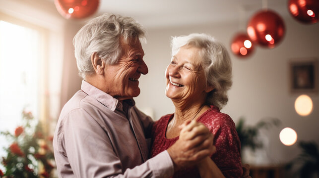 An Elderly Couple Dancing In Their Living Room To An Old Love Song, Valentine’s Day, Elderly Couple, Bokeh, With Copy Space