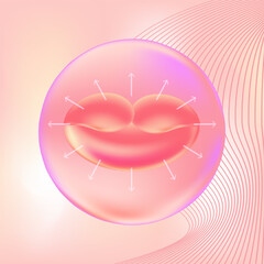 Lip filler template. Plump lips in front of pink square background with arrows. Perfect for beauty industry or aesthetic cosmetology.