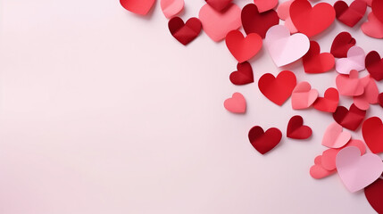 A backdrop of scattered red and pink paper hearts, Valentine’s Day, heart background, with copy space