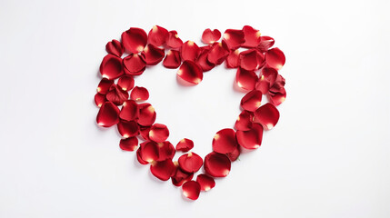 Obraz premium A heart made of red rose petals on a white background, Valentine’s Day, heart background, with copy space