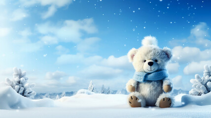 Teddy bear in the snow, festival, Christmas, New Year, snow, Christmas tree, pastel colored background For various abstract designs