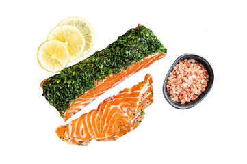 Scandinavian Gravlax Salmon fillet with dill, salt and papper.  Transparent background. Isolated.