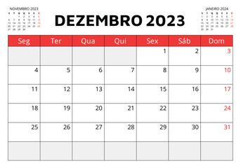 December 2023 portuguese calendar. Vector illustration. Monthly planning in Portugal