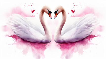 Two swans forming a heart shape with their necks, Valentine’s Day, watercolor style, white background, with copy space