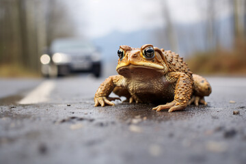 Toad sitting in middle of street with approaching car in background