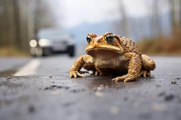 Schilderijen op glas Toad sitting in middle of street with approaching car in background © Firn