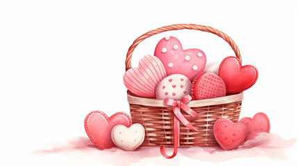 A basket filled with Valentine's goodies, Valentine’s Day, watercolor style, white background, with copy space