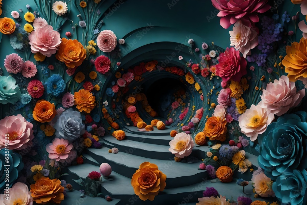 Poster embark on a visual journey with a 3d wallpaper that unveils an abstract tunnel adorned with vibrant 