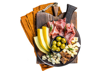 Italian appetizer platter, antipasti snack with Prosciutto ham, Parmesan, Blue cheese, Melon and Olives on wooden board.  Transparent background. Isolated.