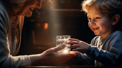 the child gives the grandmother a glass of water.Generative AI - obrazy, fototapety, plakaty