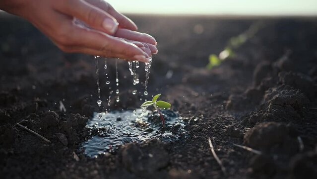 Agriculture and Seedling concept. Female hand watering young tree. People are watering small plants by hand. World Environment Day. Hand nurturing and watering young baby plants. Soil at sunset.
