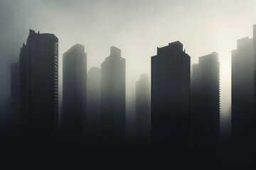 Tall skyscraper buildings covered in smog