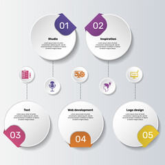 Infographics with Creative Package theme icons, 10 steps. Such as studio, inspiration, test, web development and more.