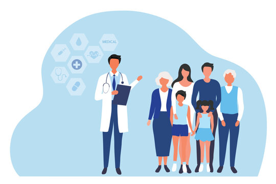 Family doctor health care concept, mother, father, children and older people visiting doctor to check their health vector illustration. Medical family health care concept