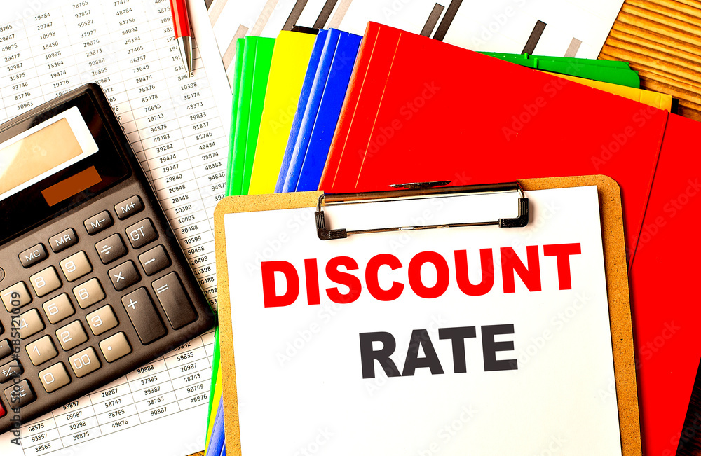 Poster discount rate text written on paper clipboard with chart and calculator