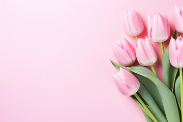 Pink tulip flowers on side of pastel pink background with copy space - obrazy, fototapety, plakaty