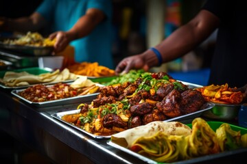 Obraz premium A vibrant street food scene featuring a vendor skillfully preparing Doubles, a popular Trinidadian delicacy, with an array of colorful toppings and sauces, served to eager customers