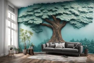 Immerse yourself in the artistic beauty of a 3D wallpaper featuring a tree painting in a vibrant wall relief. 