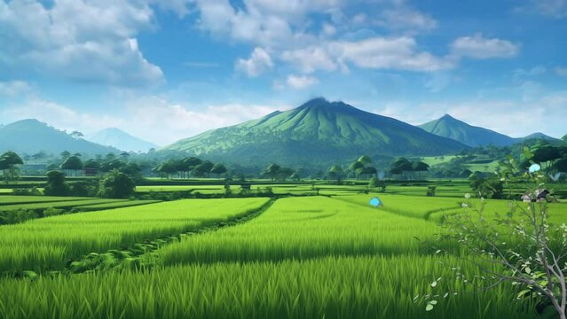 Beautiful green rice field view animation landscape background. Seamless looping 4K time-lapse virtual illustration video animation. generated with AI