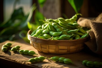 A close-up shot of freshly harvested fava beans, still in their pods, laid out on a rustic wooden table, with a soft sunlight casting a warm glow - obrazy, fototapety, plakaty