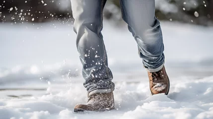 Poster Person walking through snow wearing boots and jeans. Concept winter, cold, outdoors, nature. Posters, Magazines, Advertising, Travel, Promotion. © Damian
