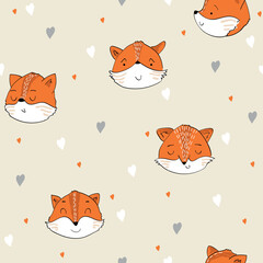 Vector hand drawn seamless pattern. Cute cartoon foxes.