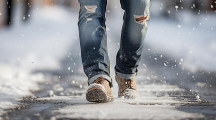 Person walking in snow with pair of jeans on and pair of brown boots, bottom view. - Powered by Adobe