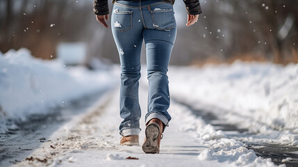 Woman walking down snow covered road in wintertime with her feet in snow. - obrazy, fototapety, plakaty