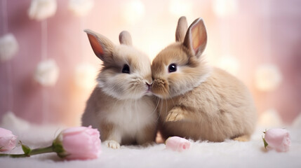Obraz premium Two cute rabbits love. Friendship with the Easter Bunny. Happy rabbit.Generative AI