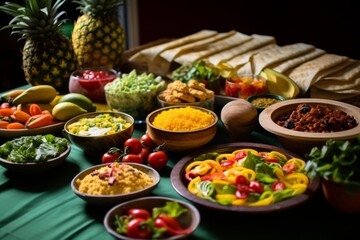 A vibrant and colorful spread of Ital, the traditional Rastafarian cuisine, featuring a variety of fresh fruits, vegetables, and whole grains, prepared with love and respect for nature