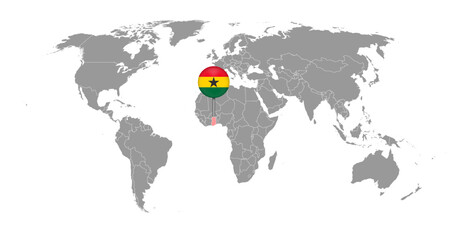 Pin map with Ghana flag on world map. Vector illustration.