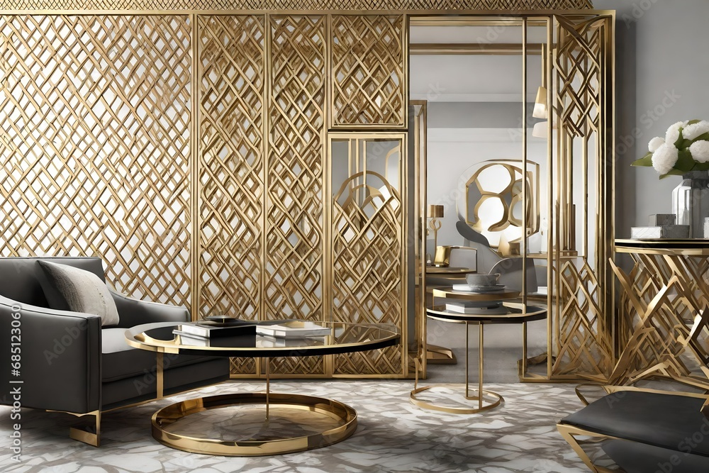 Poster step into a realm of opulence with a 3d render featuring a modern gold lattice. this intricate desig