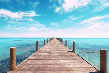 wooden bridge over the beach with calm and clean water. generative ai