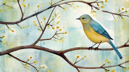 A blossoming tree branch with a bird - 685123083