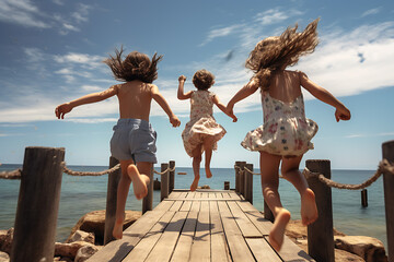 rear view of a group of children running across a wooden bridge towards the sea - Powered by Adobe