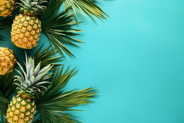 summer exotic fruit pineapple pattern on turquoise background - obrazy, fototapety, plakaty
