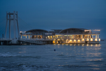 Durres, Albania - November 1st. 2023: The so called Ventus Harbor of Durres, a Pier with Bars and Restaurants