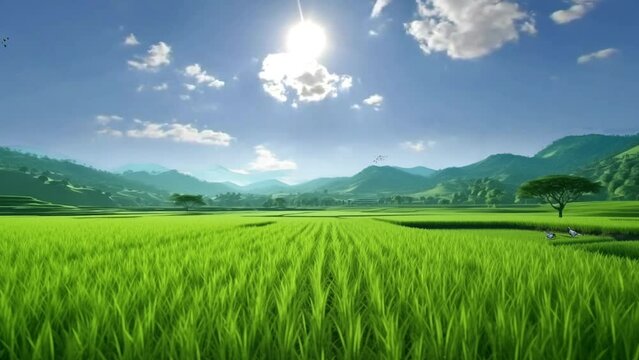 Beautiful rice field view animation landscape background. Seamless looping 4K time-lapse virtual illustration video animation