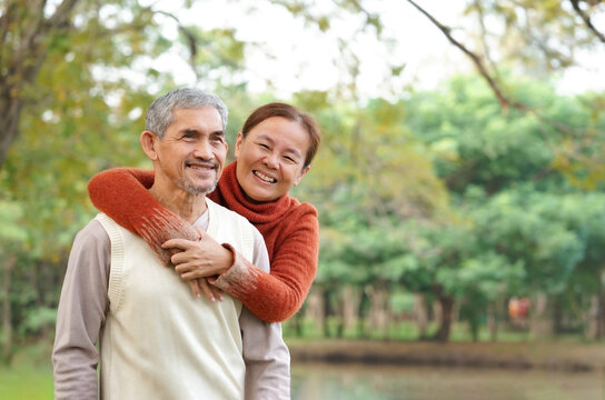 romantic asian elderly couple embracing and looking at a camera in autumn park,older adult people are happy in nature,concept of lifestyle,family,family relationship