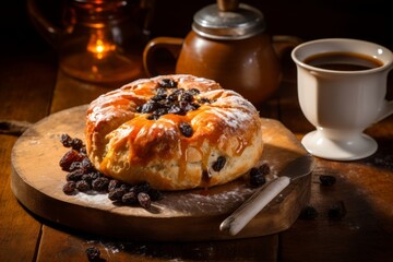 A traditional British Eccles cake, freshly baked and dusted with sugar, served on a rustic wooden table with a cup of hot tea and a vintage silver spoon