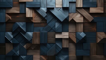 an abstract black and white geometric wall, in the style of dark blue, isometric, thx sound, dark gray and dark brown, textured surface