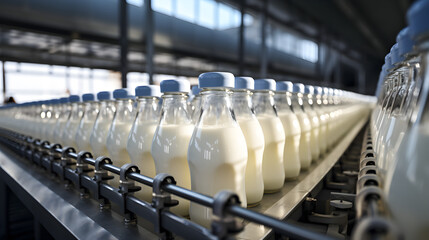 Milk production, a conveyor with bottles of dairy products,