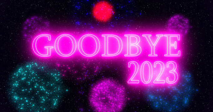 Pink neon color Goodbye 2023 Welcome 2024 text illustration with neon colorful fireworks in high-resolution. Past year 2023 new year 2024.