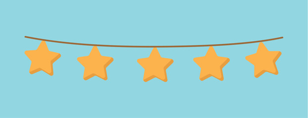 Garland of winter set in cartoon design. This enchanting Christmas garland with a lively array of stars against a calming blue backdrop creates a magical and joyous atmosphere. Vector illustration.