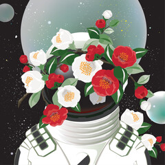 Vector illustration of an astronaut wearing a spacesuit decorated with various Camellia flowers.	